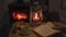 A woman reads a book and drinks tea with cookies by the light of a kerassin lamp by a burning fireplace in a cozy home