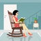 Woman reads a book on the rocking chair