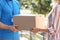 Woman receiving parcel from deliveryman on blurred background, closeup.