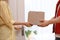 Woman receiving parcel from deliveryman on blurred background, closeup