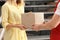 Woman receiving parcel from deliveryman on blurred background, closeup