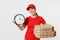 Woman in red cap, t-shirt giving food order pizza boxes isolated on white background. Female pizzaman courier dealer