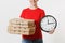 Woman in red cap, t-shirt giving food order pizza boxes isolated on white background. Female pizzaman courier dealer