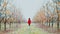 Woman in red coat and hat walking alone between trees in apple garden at autumn season. Girl goes ahead away from camera