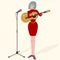 Woman red dress character musician with guitar and microphone. Nice vector illustration.