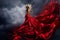 Woman in Red Dress Dance over Storm Sky, Gown Fluttering Fabric