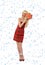 Woman in red dress with gift. Snowflakes