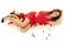 Woman red dress laying rose pedals looking top view