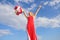 Woman red dress raise up bunch shopping bags blue sky background. Feel free to buy everything you want. Freedom of