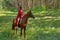 Woman in red dress rides a horse in early spring