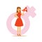 Woman in a red dress shouting into a megaphone, feminism colorful character vector Illustration