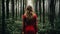 A woman in a red dress standing in a forest. Generative AI image.