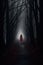 A Woman in red dress walking on a dark path in a strange dark forest with fog