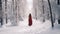 A Woman in red dress walking on a path in Winter landscape with fair trees under the snow. Scenery for the tourists. Christmas