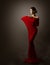 Woman Red Fashion Dress Art, Elegant Model Posing, Long Gown