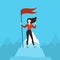 Woman with red flag on peak. Business woman on mountain top. Financial success, achievement goal, career growth