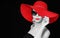 Woman in red hat and sunglasses over black