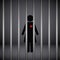 Woman with red heart in jail on dark background