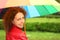 Woman in red jacket with multicolored umbrella