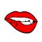 woman red lips with vampire teeth, halloween design for gre