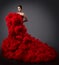 Woman in Red Ruching Dress, Fashion Model in Long Fluffy Waving Gown