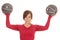 Woman red shirt two medicine balls serious