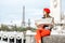 Woman in red traveling Paris