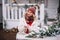 Woman  in red and white sit  in decorated illuminated twinkle lights glowing xmas tree