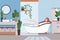 Woman relax in bathroom. Hygiene lifestyle washing pretty lady bath shower room vector cartoon background