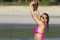 Woman relax bikini pink and hat on beach