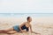 woman relax nature sitting smile beach sea vacation freedom sand travel