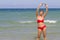 Woman relax with red bikini on beach at Ban Krut