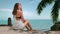 Woman relax on sea coast beach under palm tree