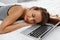 Woman Relaxing With Laptop On Bed. Freelancer Resting. Technology
