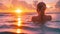 woman relaxing in ocean by luxury hotel spa enjoying beautiful sunset view of ocean mediterranean travel holiday resort