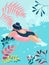 Woman is relaxing and swimming in a beautiful warm ocean. Modern colorful poster in flat design