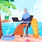 woman remote working outdoor freelance freelancer in beach ocean sea side work on laptop online wearing veil