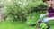 Woman replanting flowers in a flowerpot in a private garden