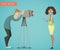 Woman reporter and camera man. Cartoon characters.