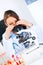 Woman researcher using microscope. Close-up