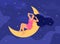 Woman rest on moon. Mystery girl calm dreaming and sleeping in night star sky, healthy deep sleep beautiful female with