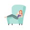 Woman resting in chair and surfing Internet, flat vector illustration isolated.