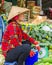 Woman with the rice hat selling watermelons at the market of Cai Be