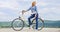 Woman rides bicycle sky background. Benefits of cycling every day. Keep fit shape easy with regular cycling. Girl ride