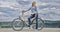 Woman rides bicycle sky background. Benefits of cycling every day. Keep fit shape easy with regular cycling. Girl ride