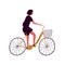 Woman riding bicycle with basket flat vector illustration. Middle aged lady at urban vehicle. Female cartoon character