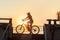 Woman riding bicycle, exercising in sunset town