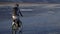 Woman is riding bicycle on the ice. The girl is dressed in a silvery down jacket, cycling backpack and helmet. Ice of