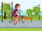 Woman Riding Bicycle in Park Vector Illustration