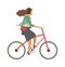 Woman riding on bicycle. Simple character cyclist girl rides on bike and listen music in headphones. Outdoor activities